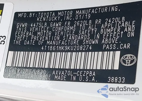 2019 Toyota Camry Xse z USA, uszkodzony, nr VIN 4T1B61HK9KU208274